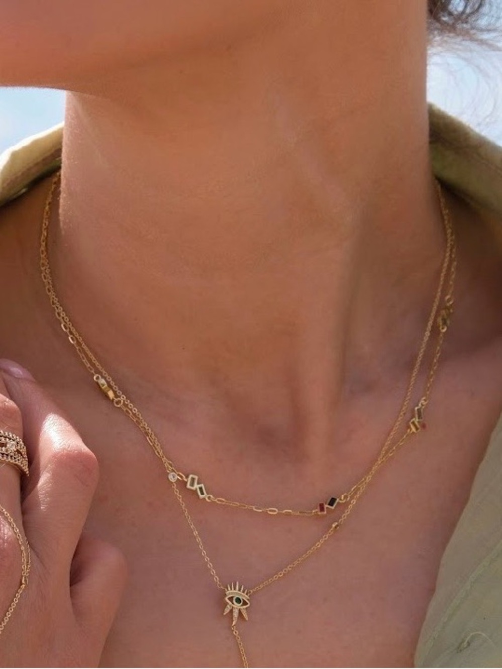 14K Gold Tone Multi Color Baget CZ Station Chain Necklace Dainty Layering